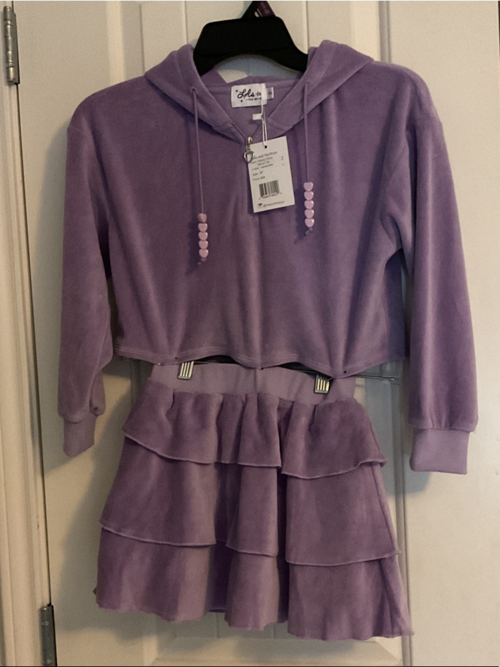 Lola + The Boys Lavender Velvet Cropped Hoodie with Heart Bead Drawstrings